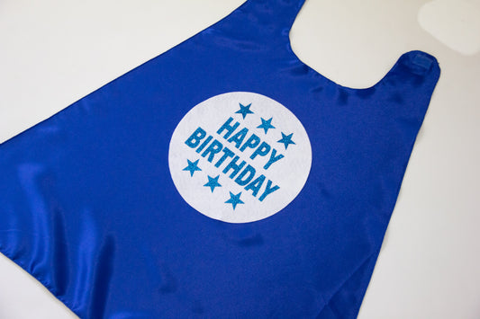 BLUE HAPPY BIRTHDAY CAPE - WITH WHITE & SPARKLE BLUE STARS