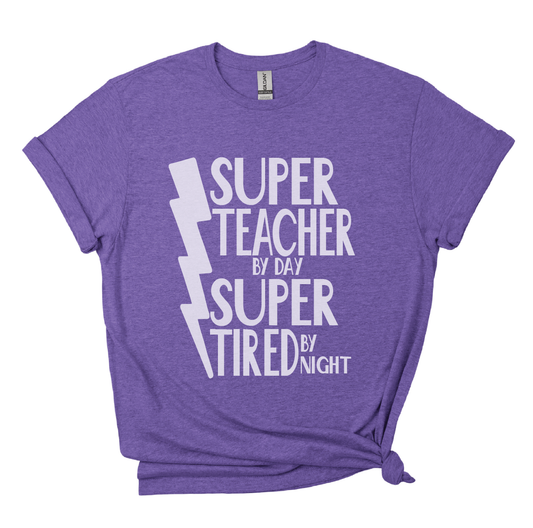 Super Teacher by Day, Super Tired by Night – Heather Purple T-Shirt | Teacher Tee