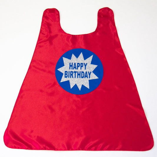 RED HAPPY BIRTHDAY CAPE - WITH SILVER & BLUE BURST