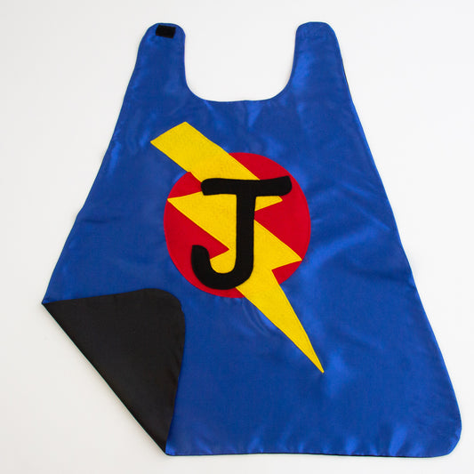 CUSTOM SUPERHERO CAPE - BLUE/BLACK (RED CIRCLE) - CHOOSE YOUR INTIAL
