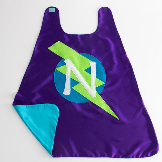 CUSTOM SUPERHERO CAPE - PURPLE/TURQUOISE - CHOOSE YOUR INTIAL