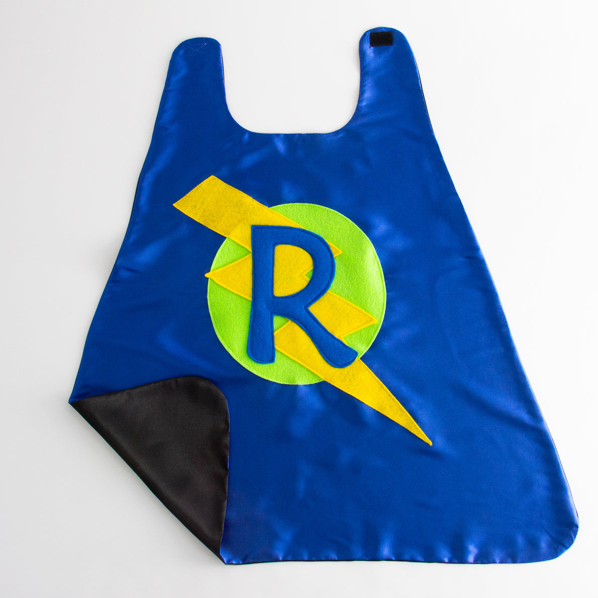 CUSTOM SUPERHERO CAPE - BLUE/BLACK (LIME CIRCLE) - CHOOSE YOUR INTIAL