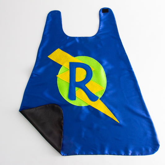 CUSTOM SUPERHERO CAPE - BLUE/BLACK (LIME CIRCLE) - CHOOSE YOUR INTIAL